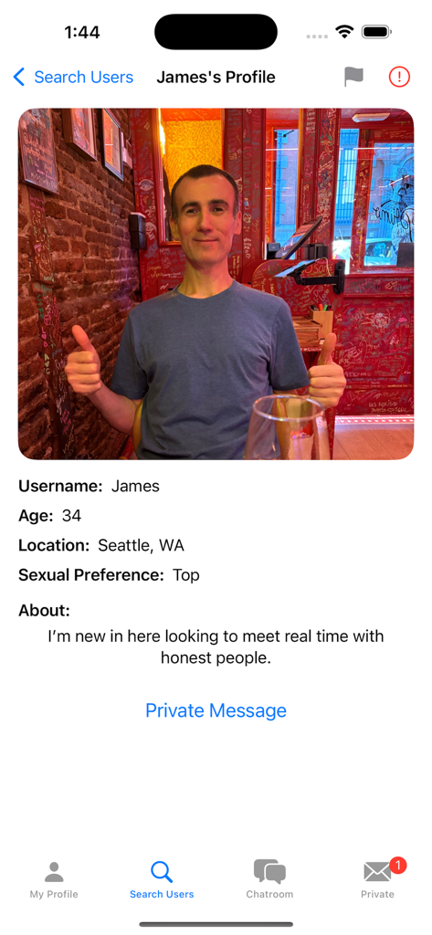 Asian Gay Chat - A user profile screen on the Asian Gay Chat app showing member details and a private message button