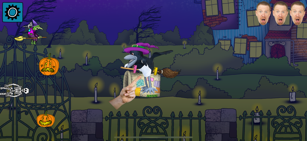 Maggie the crow flying on a broomstick in a spooky Halloween landscape from the app