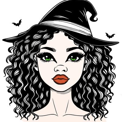 realistic black girl with wavy hair and witch hat and nose and lips