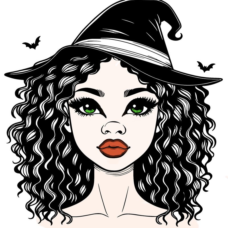 realistic black girl with wavy hair and witch hat and nose and lips