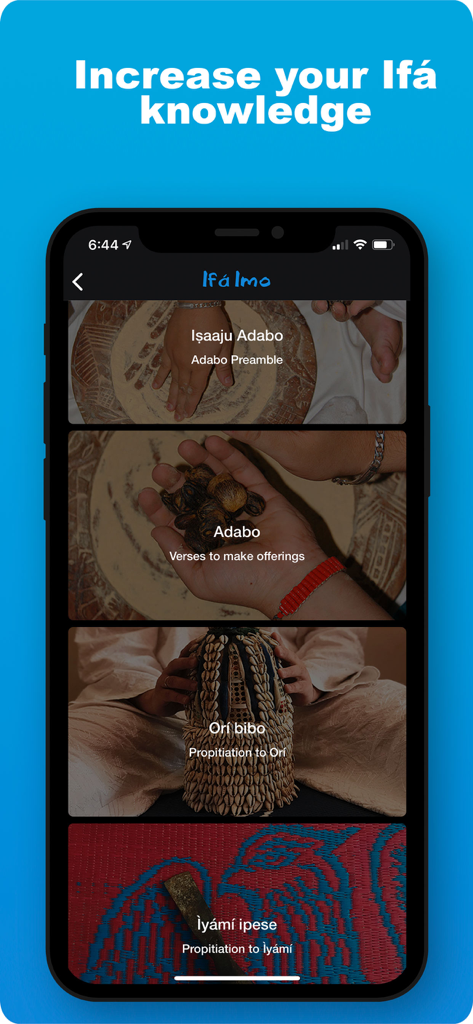 Interface móvel mostrando secções de conhecimento espiritual na aplicação Ifá Tradicional Pro