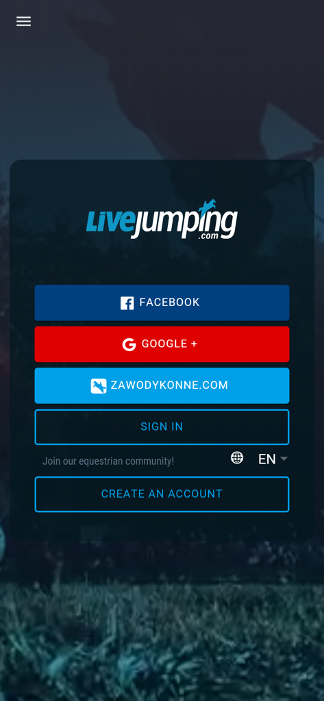 LiveJumping.com - Login screen for the LiveJumping equestrian app featuring social media sign-in options and account creation.