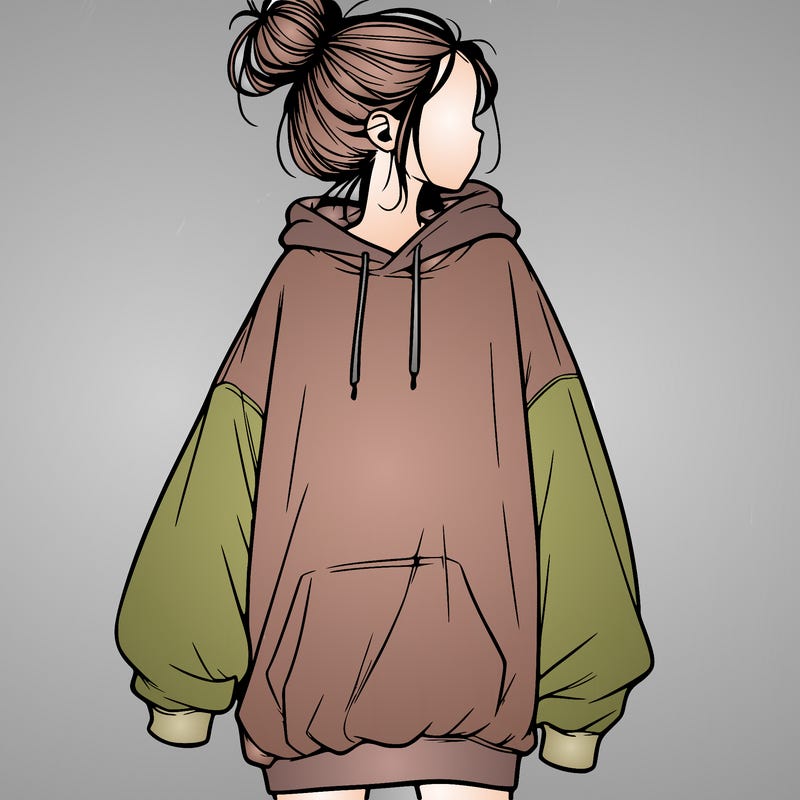 realistic girl with a oversized sweatshirt on and a bun