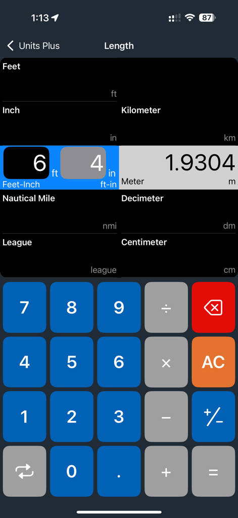 Units Plus app interface showing a length conversion from 6 feet 4 inches to meters with a numeric keypad.