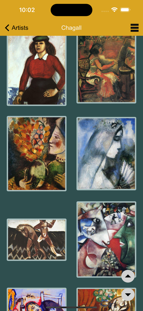Modern Paintings Vol.3 - A grid display of modern paintings by Marc Chagall in the Modern Paintings Vol.3 app gallery.