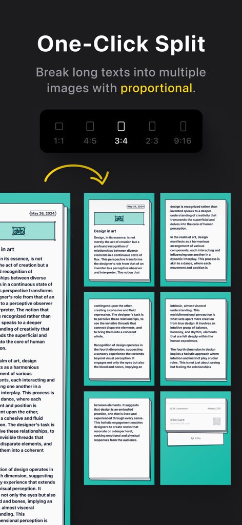 Kiko Card:Text Post & Carousel - Kiko Card app one-click split feature for creating multi-image text carousels