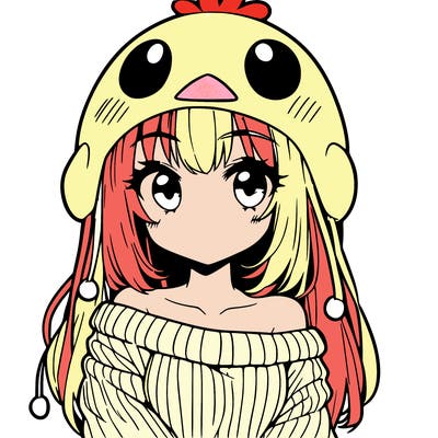 anime girl with chick shaped hat with sweater with bare shoulders with bangs covering them one eye with low tail