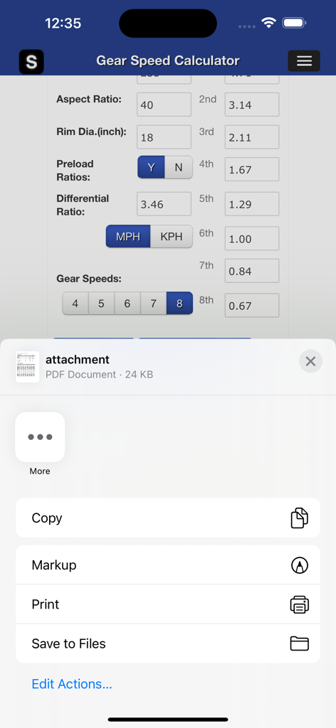 iPhone screen of the gear speed calculator app showing the interface and a system share menu to export results as a PDF