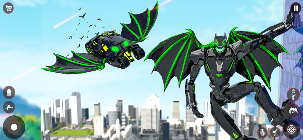 Flying Robot Transforming Game - Un robot murciélago negro y verde volador y su vehículo alado transformado volando sobre el horizonte de una ciudad