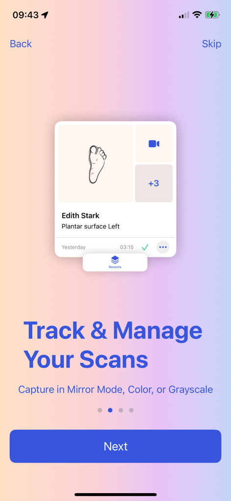 3D-Sidekick - Interfaz de la aplicación 3D-Sidekick para rastrear y gestionar escaneos 3D médicos de extremidades y pies