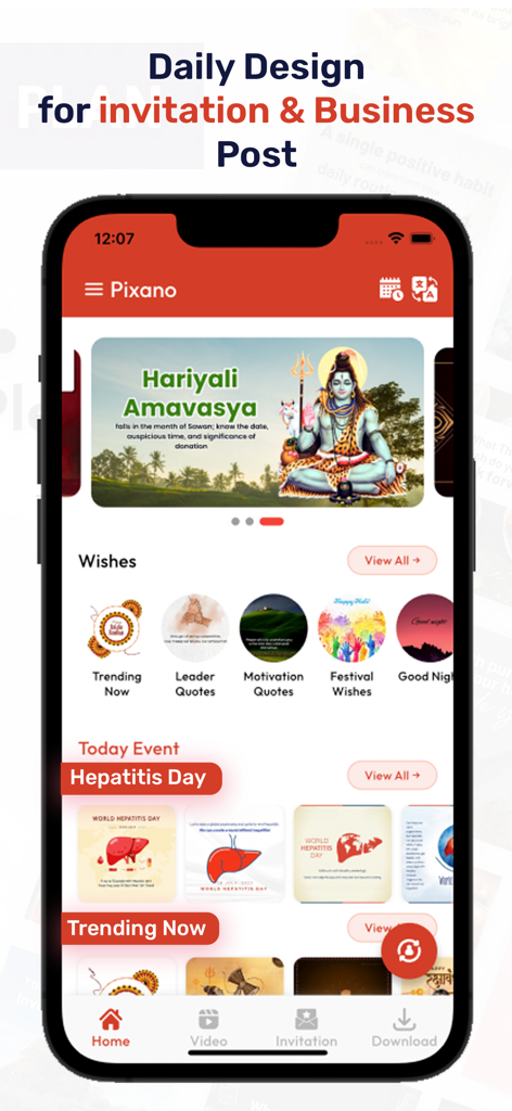 Pixano - Business Post Maker - Home screen of the Pixano app displaying design templates for business posts invitations and festivals
