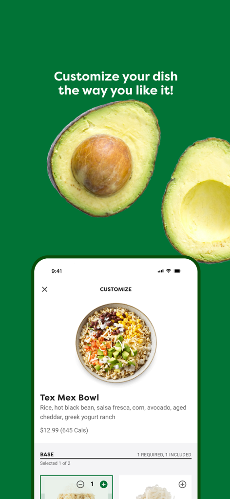 Freshii - Freshii mobile app interface showing customization options for a Tex Mex bowl with calorie information.
