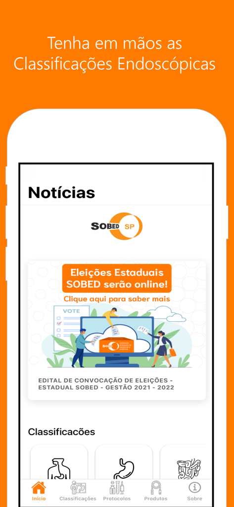 Classificações Endoscópicas - SOBED SP内視鏡分類アプリのホーム画面。医療ニュースと臓器カテゴリが表示されています。