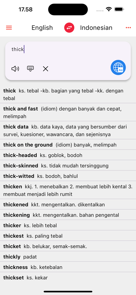 Kamusku app interface showing English to Indonesian translations for the word thick