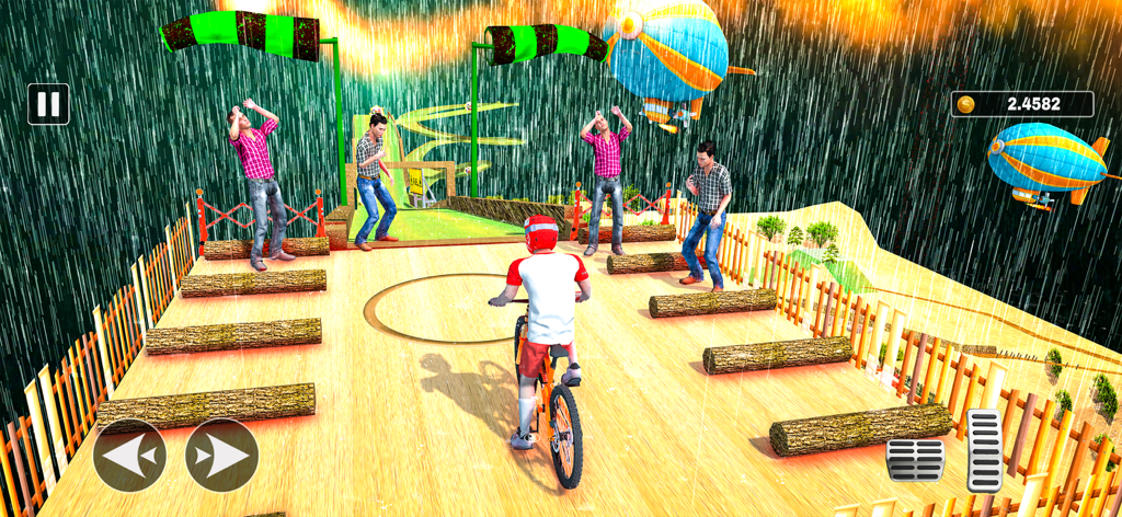 Bmx Skate Bicycle Games - Una escena de juego de bicicletas 3D con un ciclista en un circuito de obstáculos de plataforma de madera bajo la lluvia