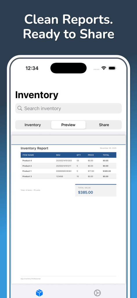 Inventory: Product Tracker App - A smartphone screen displaying a detailed inventory report with item names, SKUs, quantities, and total stock value.