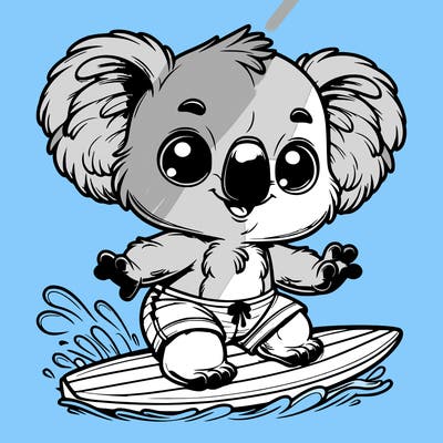 a little cut animal which looks like a koala and has big hears and big eyes doing surf realistic