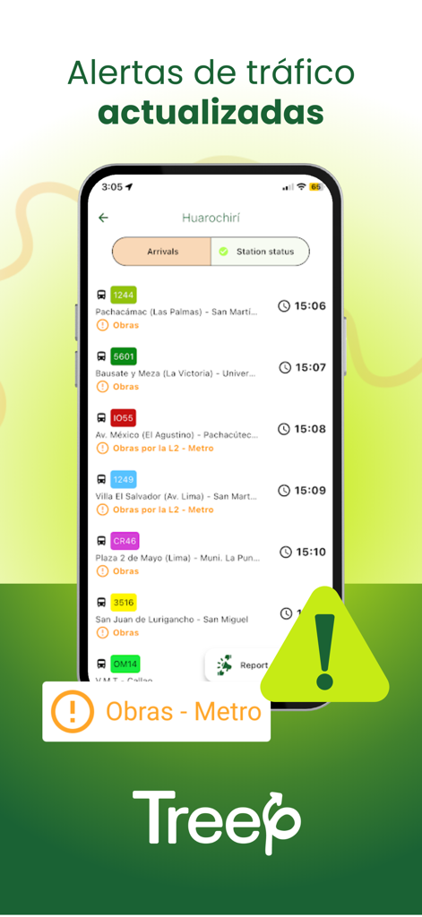 Treep - Treep app interface displaying real-time bus arrivals and traffic construction alerts