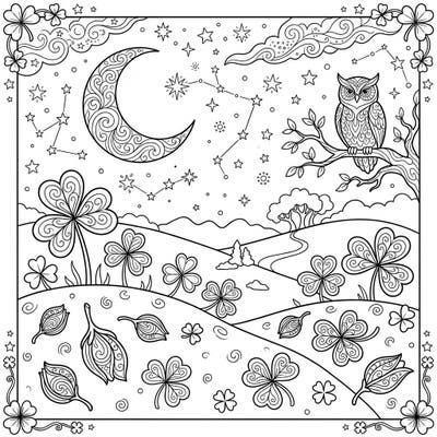 Discover a captivating night scene where intricate shamrocks flourish under a mystical sky. This unique coloring page features a wise owl, a decorative crescent moon, and sparkling stars, perfect for a peaceful artistic escape.