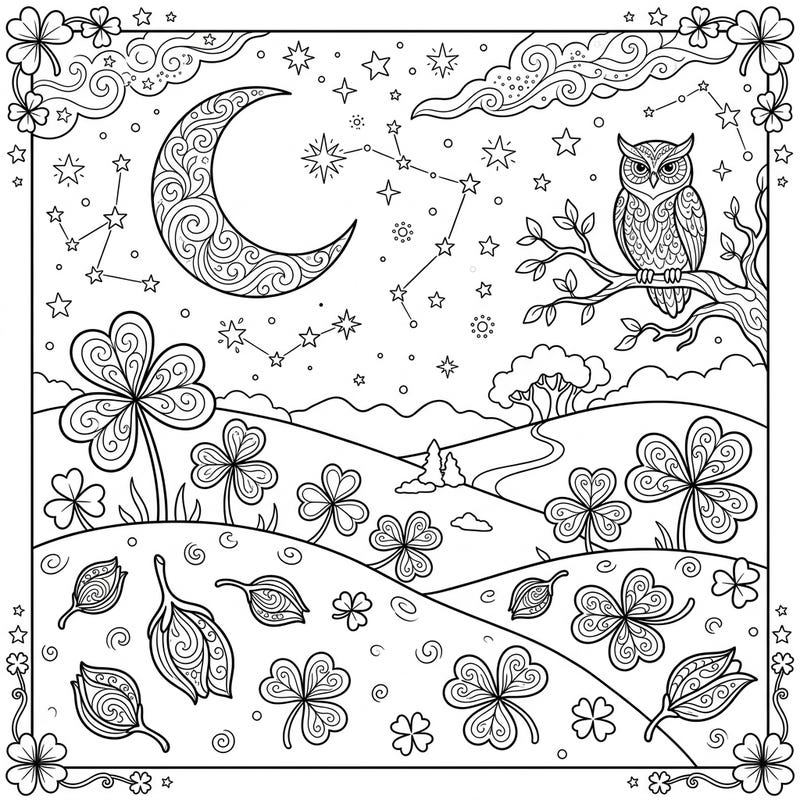 Discover a captivating night scene where intricate shamrocks flourish under a mystical sky. This unique coloring page features a wise owl, a decorative crescent moon, and sparkling stars, perfect for a peaceful artistic escape.