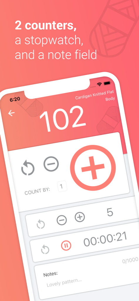 Interface of the Easy Knitty app showing row counters, a project stopwatch, and a notes field