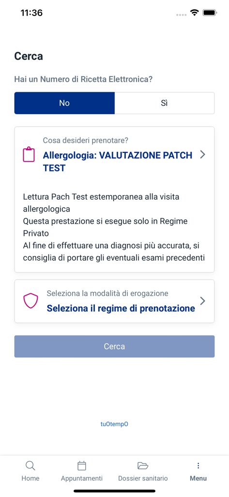 CDC|Affidea - La schermata di ricerca e prenotazione dell'app CDC Affidea per programmare un appuntamento medico.