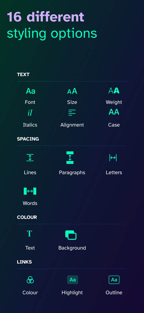 Interface of Clear Read app showing sixteen text spacing and color customization features