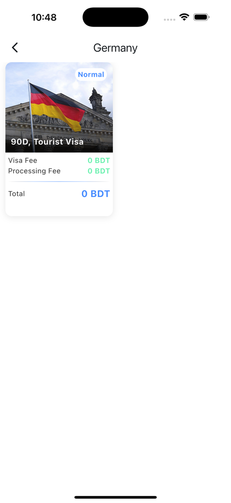 Sasta Ticket - Sasta Ticket app screen displaying German tourist visa details and fees