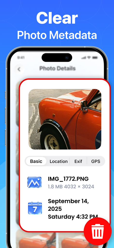 AI Storage Optimizer App - Interfaz de aplicación móvil para gestionar y limpiar metadatos de fotos y detalles de archivos