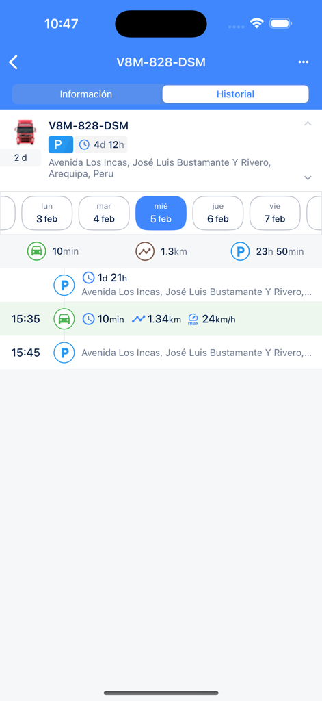 Goldcar Plus - Interfaz de historial de viajes y estadísticas de viaje detalladas del vehículo dentro de la aplicación Goldcar Plus.
