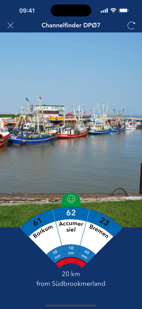 Interface of the Sea Weather Professional app showing the Channelfinder feature with nautical radio channels and distances for Borkum and Bremen over a harbor photo