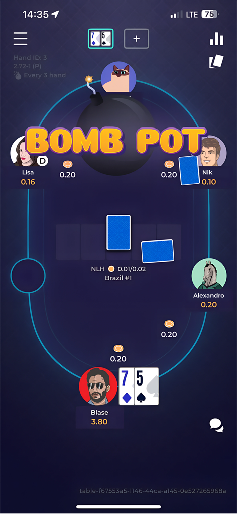 Interfaccia di gioco mobile POKS Poker che mostra un round di Bomb Pot con avatar moderni dei giocatori