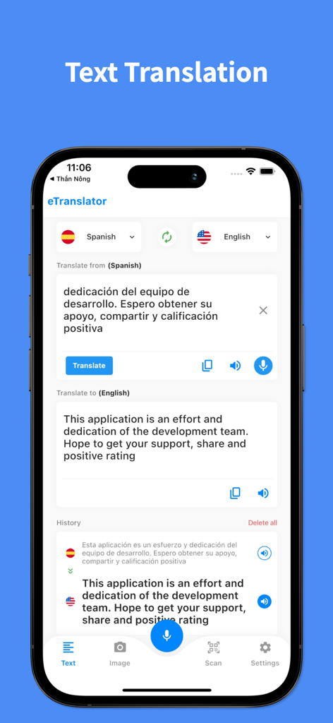Talk Translator : Voice, Photo - Interface mobile de l'application eTranslator montrant une traduction de texte de l'espagnol vers l'anglais