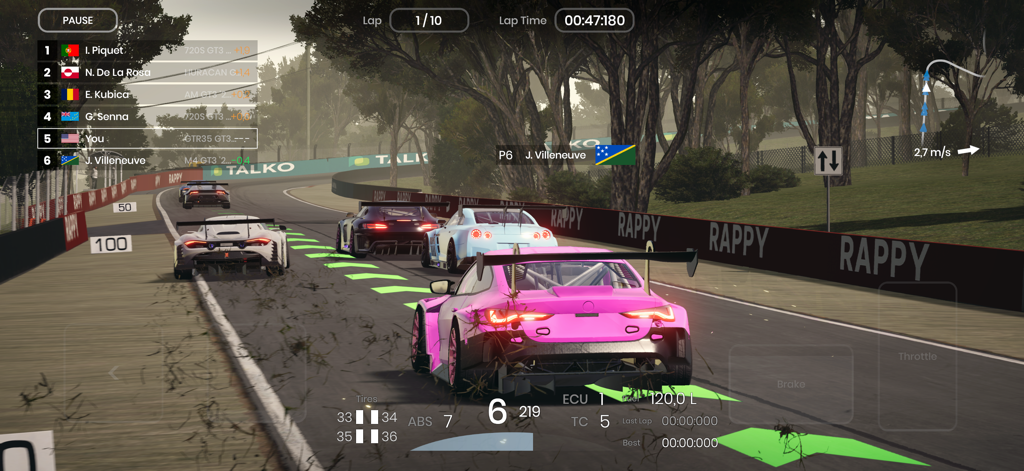 A pink GT3 race car competing on a professional track with detailed telemetry and leaderboard displays.
