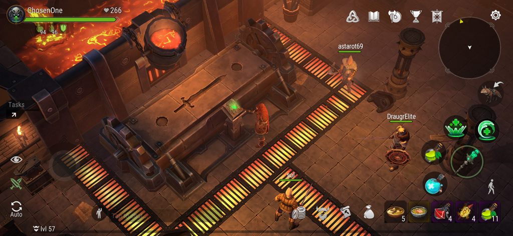 Frostborn: Coop Survival - Jugadores colaborando en una gran fragua de piedra dentro de una mazmorra llena de lava en Frostborn Coop Survival