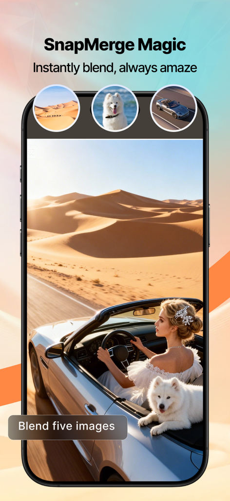 Interfaz de Banana Pro AI Photo Editor mostrando la función SnapMerge Magic combinando múltiples imágenes en un compuesto de una mujer y un perro en un paisaje desértico