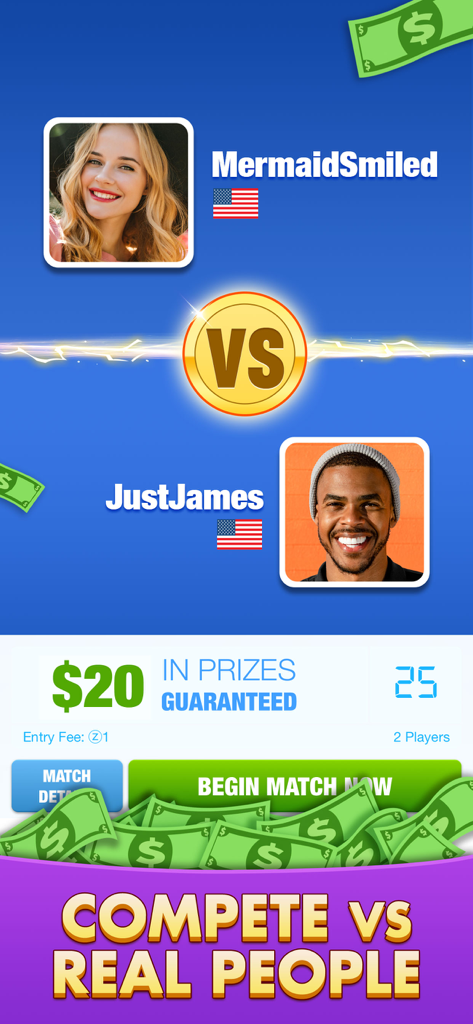 Écran de match de jeu de Bingo montrant deux joueurs en compétition pour un prix de vingt dollars.