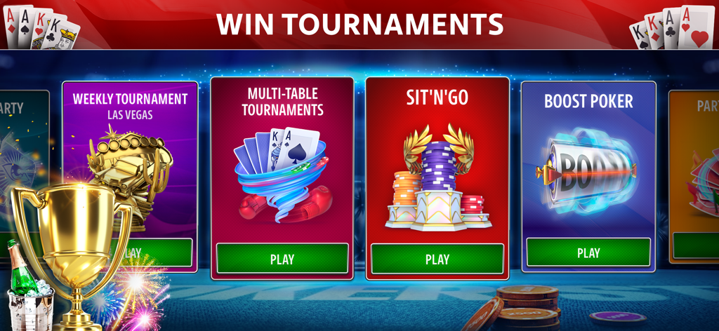 マルチテーブル、Sit and Go、ブースト・ポーカーのオプションが表示されたオマハ・ポーカーのトーナメント選択画面