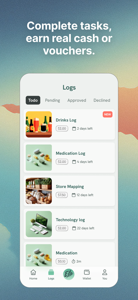 Ela - Your AI Companion - Mobile app interface showing various paid tasks like store mapping and drinks logs to earn cash rewards
