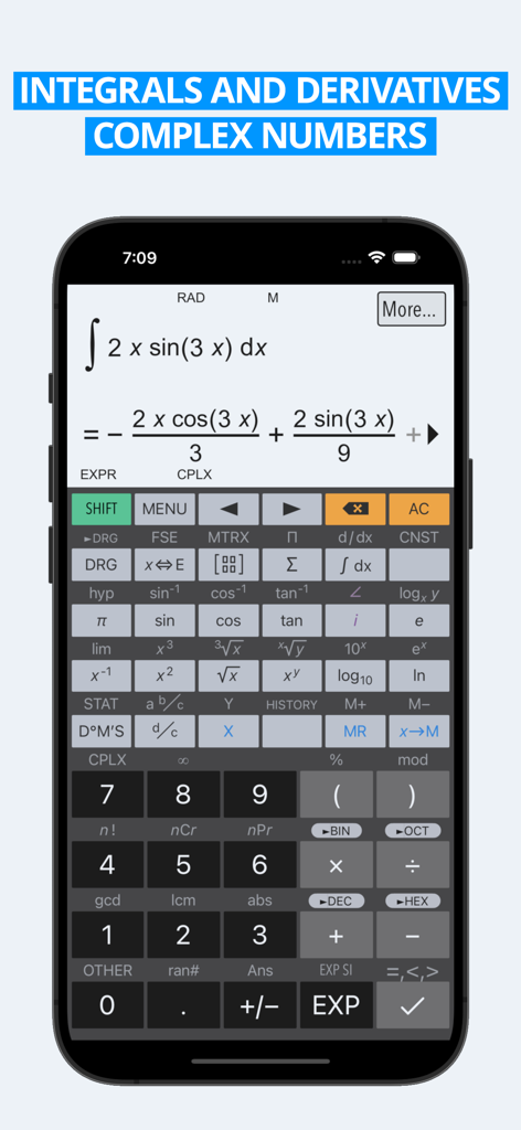 HiPER Scientific Calculator - HiPER科学計算機インターフェースが、スマートフォン上で積分計算と複素数機能を示しています。