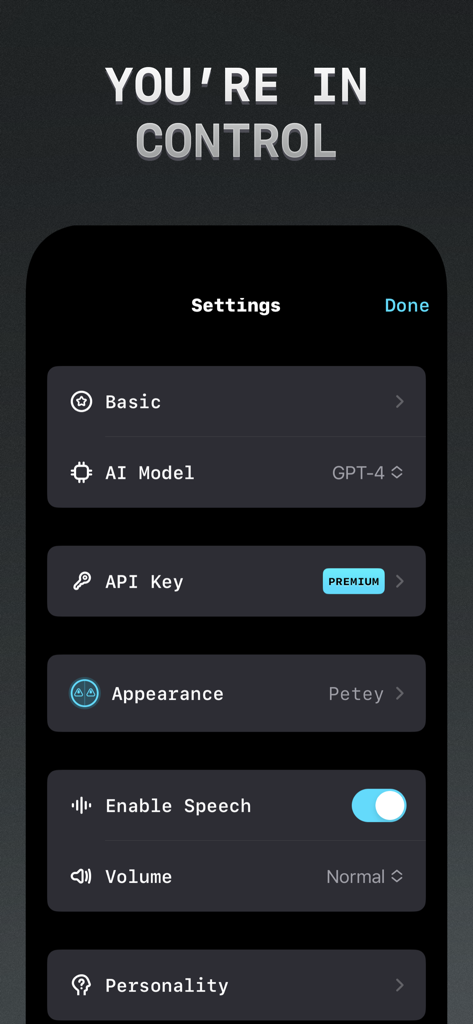 Petey - AI Chat - Settings screen of the Petey AI Chat app showing options for AI model selection and custom API key configuration.