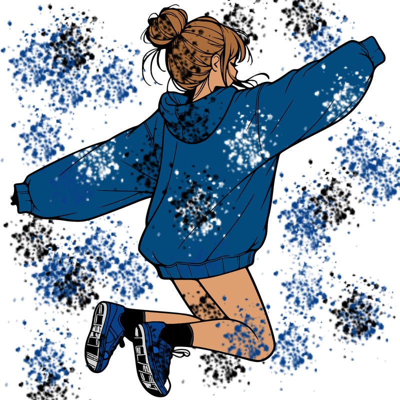 realistic girl jumping with a bun and oversized sweatshirt