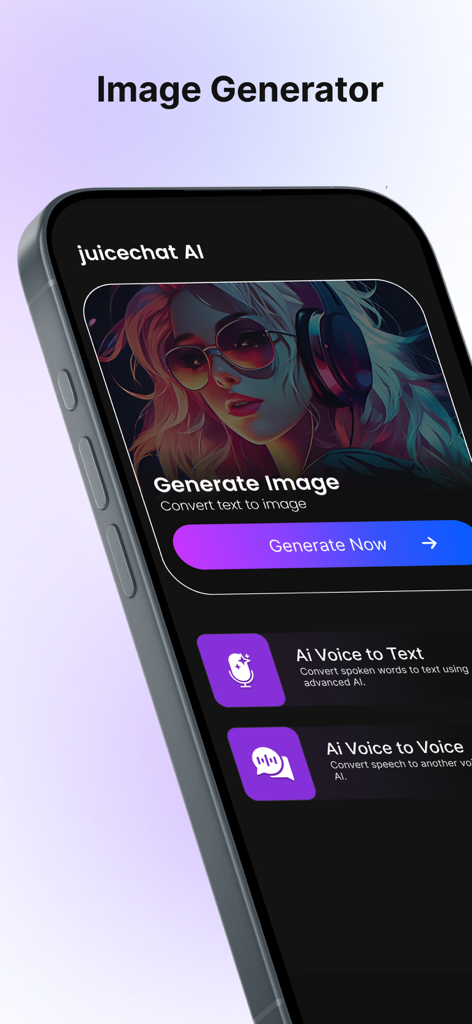 Interface of Juicy Chat AI showing the image generator with an anime character and voice translation features