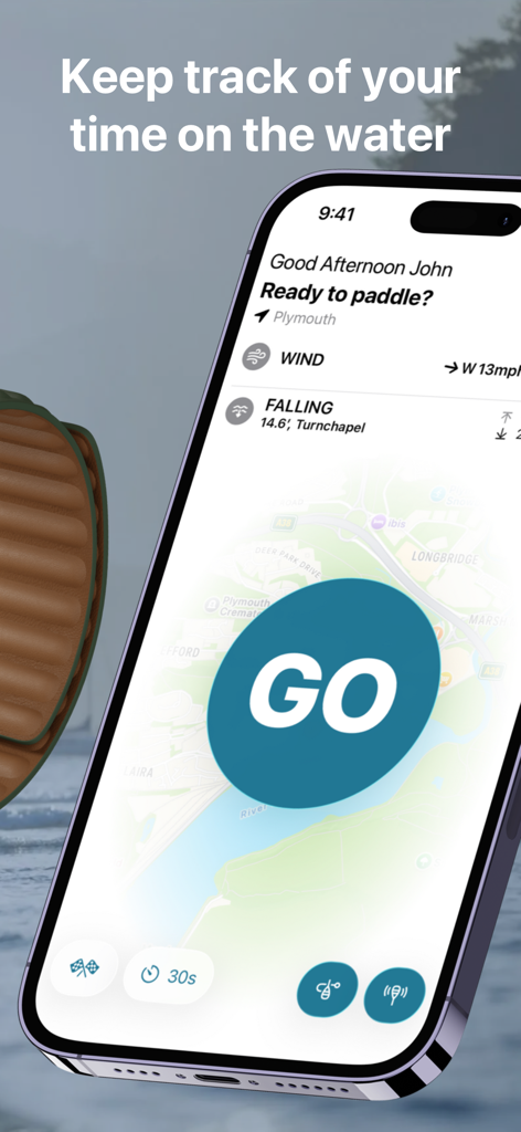 Paddle Logger: SUP & Kayaking - Interfaz de la aplicación móvil Paddle Logger que muestra la pantalla principal de seguimiento con un gran botón IR y condiciones locales del agua.