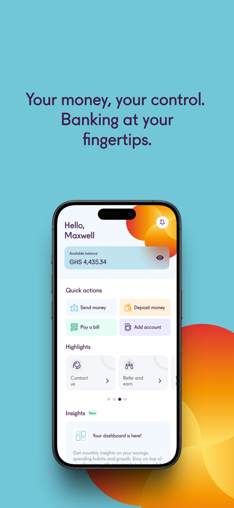 Affinity app dashboard on a smartphone showing available balance in GHS and quick action buttons for money transfers and bill payments.