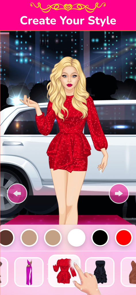 Dress Up Games: Doll Studio - A fashion doll character in a sparkly red dress being styled in front of a white limousine