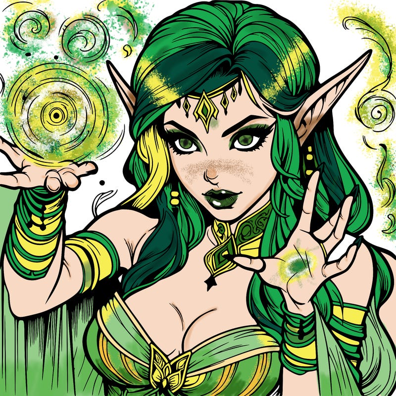 realistic scary beautiful elf sorceress casting spell