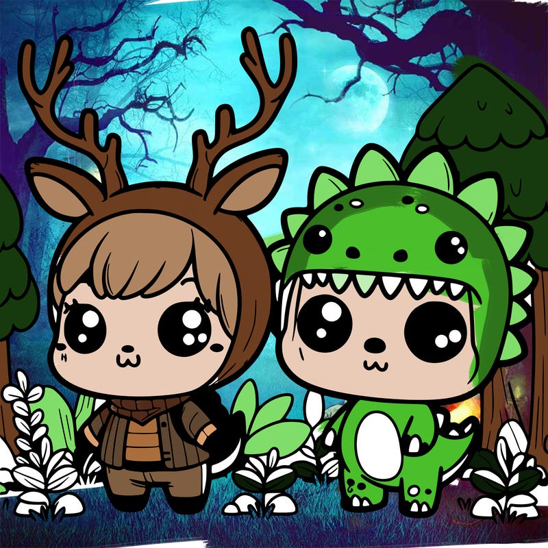 cute 99 nights in the forest chibi deer and dino kid