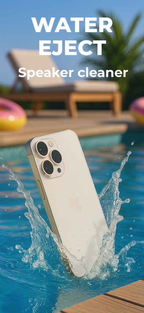 Water Eject · - iPhone splashing into a swimming pool with the text Water Eject Speaker cleaner