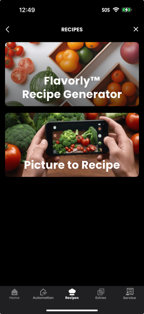 SmartHQ app recipes screen featuring Flavorly recipe generator and picture to recipe functionality